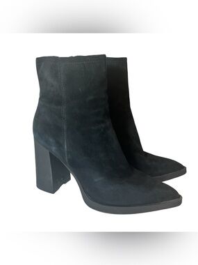 Steve Madden Black Suede Ankle Boots 9.5 Block Heel Pointed Toe Zip